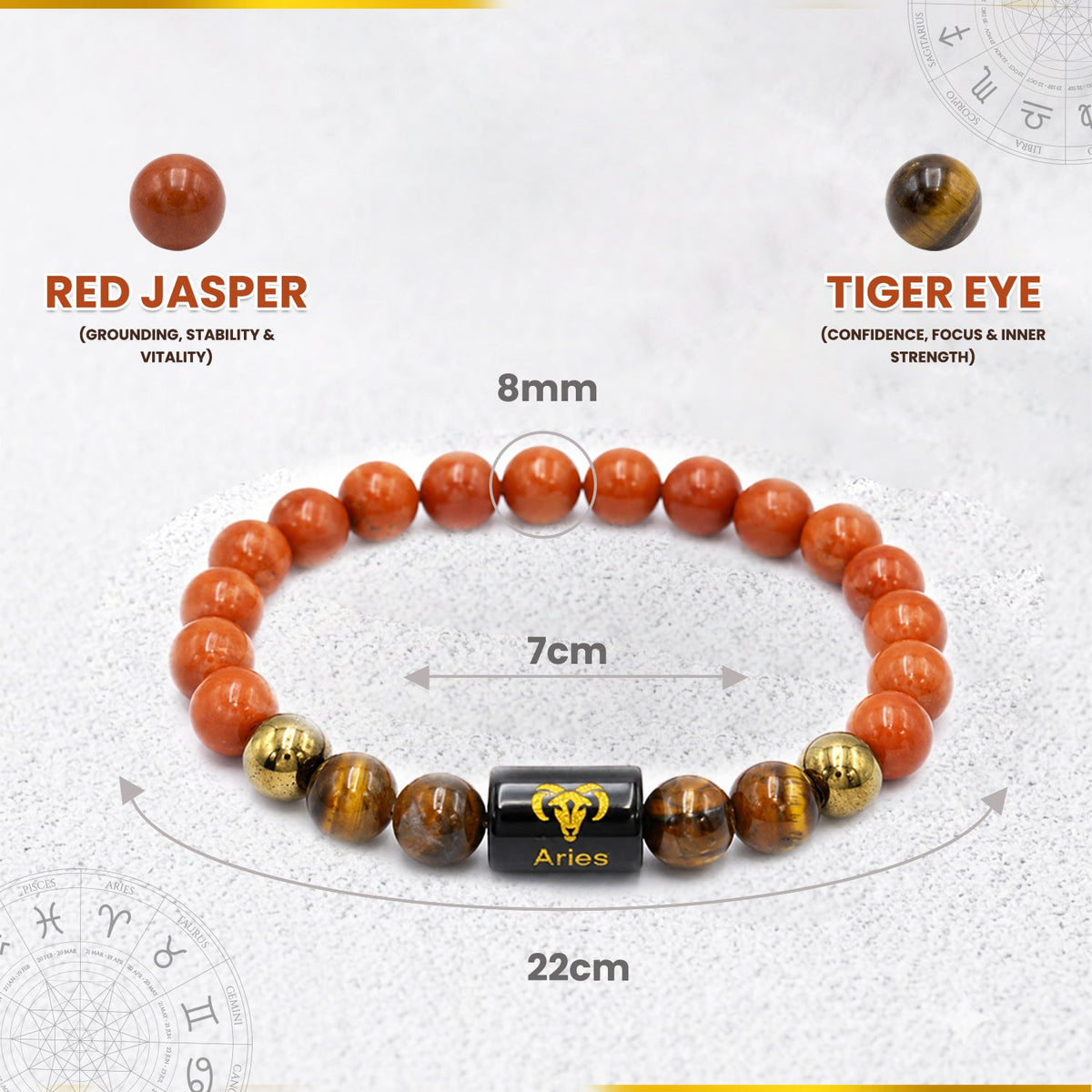 Aries (मेष राशि) Zodiac Red Jasper & Tiger Eye Crystal Bracelet