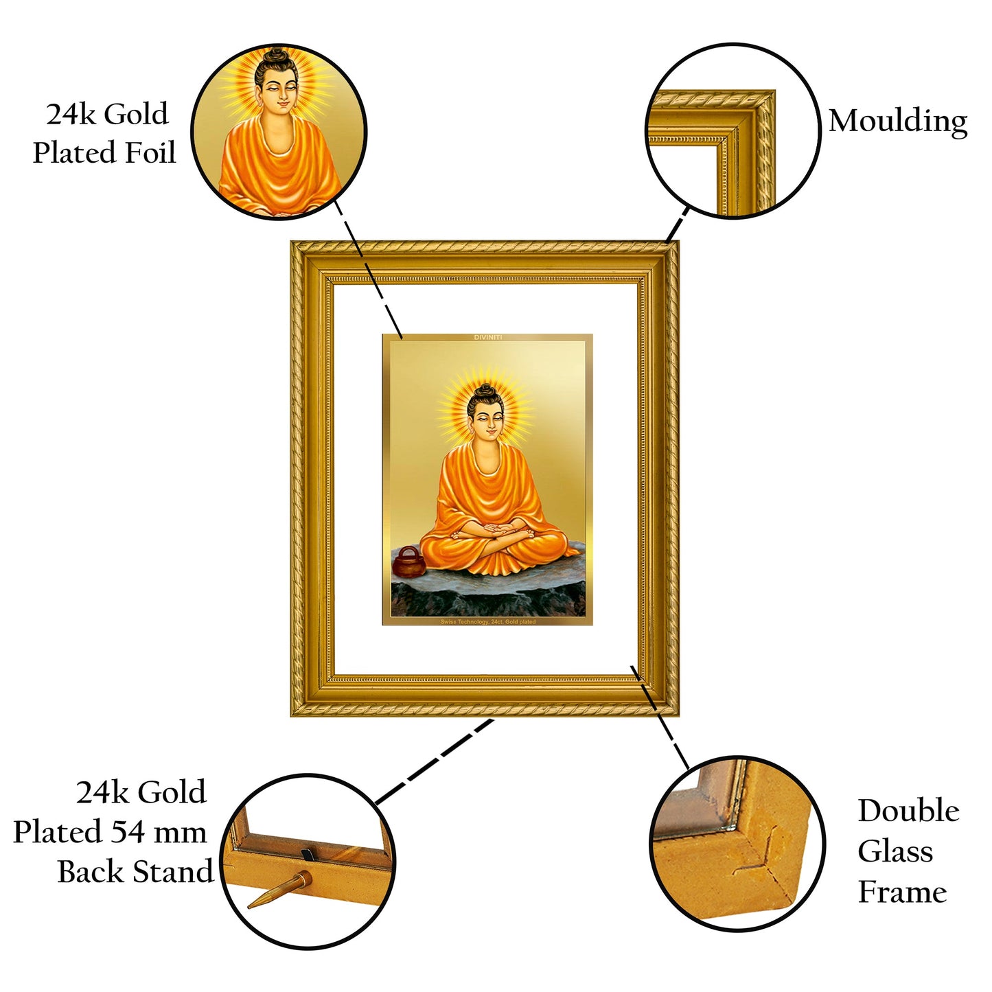 DIVINITI Buddha Gold Plated Wall Photo Frame, Table Decor| DG Frame 056 Size 3 and 24K Gold Plated Foil (32.5 CM X 25.5 CM)