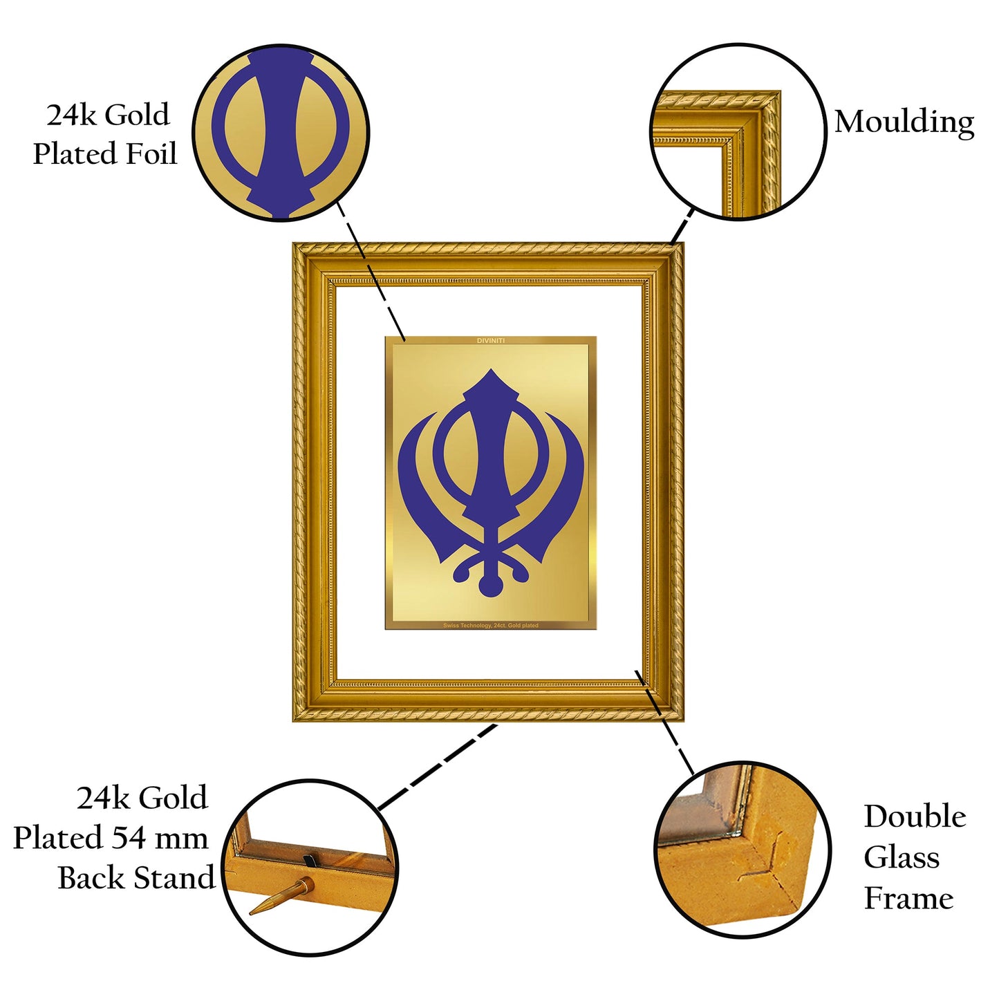 DIVINITI Khanda Sahib Gold Plated Wall Photo Frame, Table Decor| DG Frame 056 Size 3 and 24K Gold Plated Foil (32.5 CM X 25.5 CM)