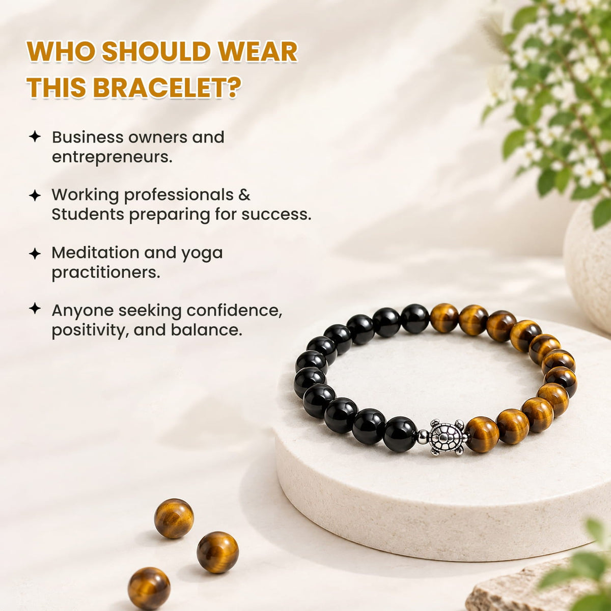 Black Obsidian and Tiger Eye Bracelet with Turtle Charm