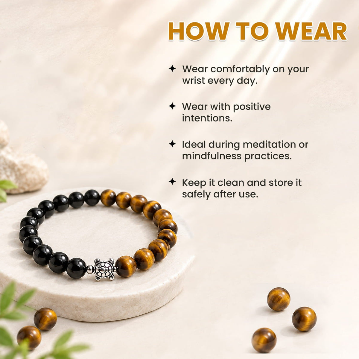 Black Obsidian and Tiger Eye Bracelet with Turtle Charm