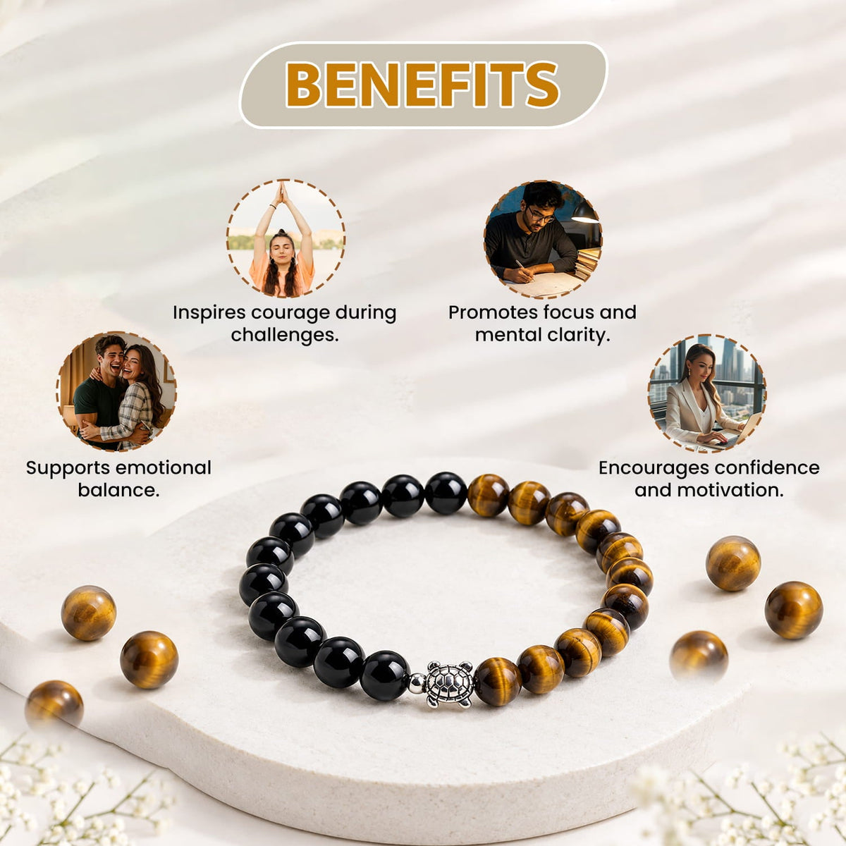 Black Obsidian and Tiger Eye Bracelet with Turtle Charm