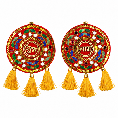 Circular Shubh Labh Hanging Pair with Tassels | Traditional Door & Home Entrance Décor
