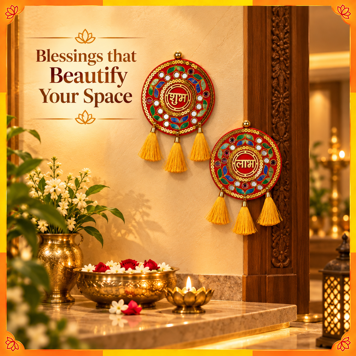 Circular Shubh Labh Hanging Pair with Tassels | Traditional Door & Home Entrance Décor