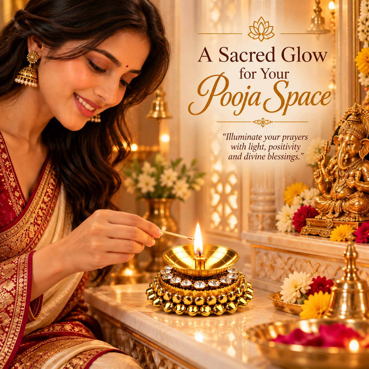 Gold-Tone Decorative Diya with Crystal Embellishments | Puja & Home Décor
