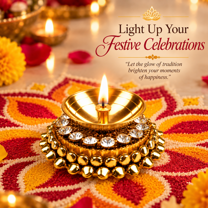 Gold-Tone Decorative Diya with Crystal Embellishments | Puja & Home Décor