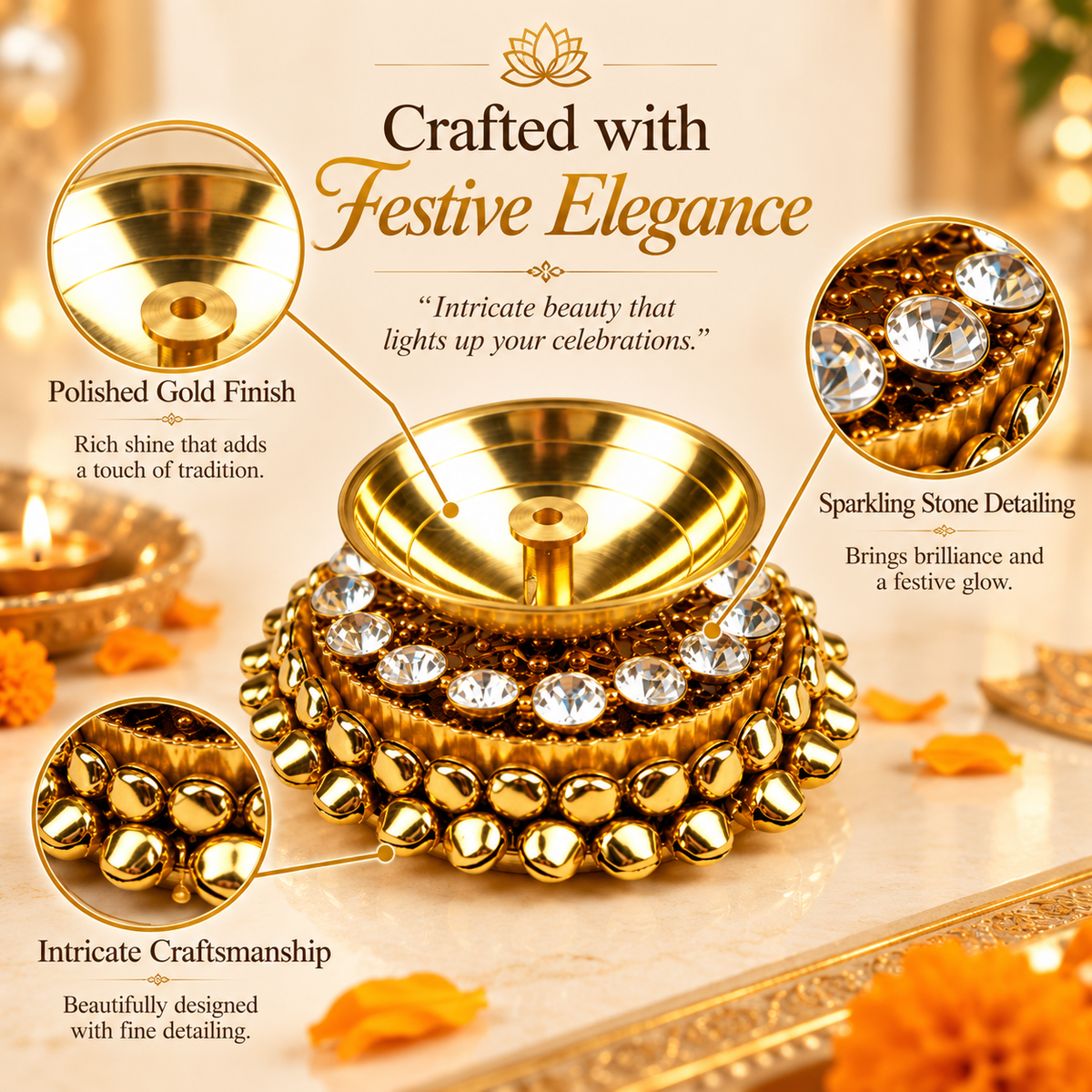 Gold-Tone Decorative Diya with Crystal Embellishments | Puja & Home Décor