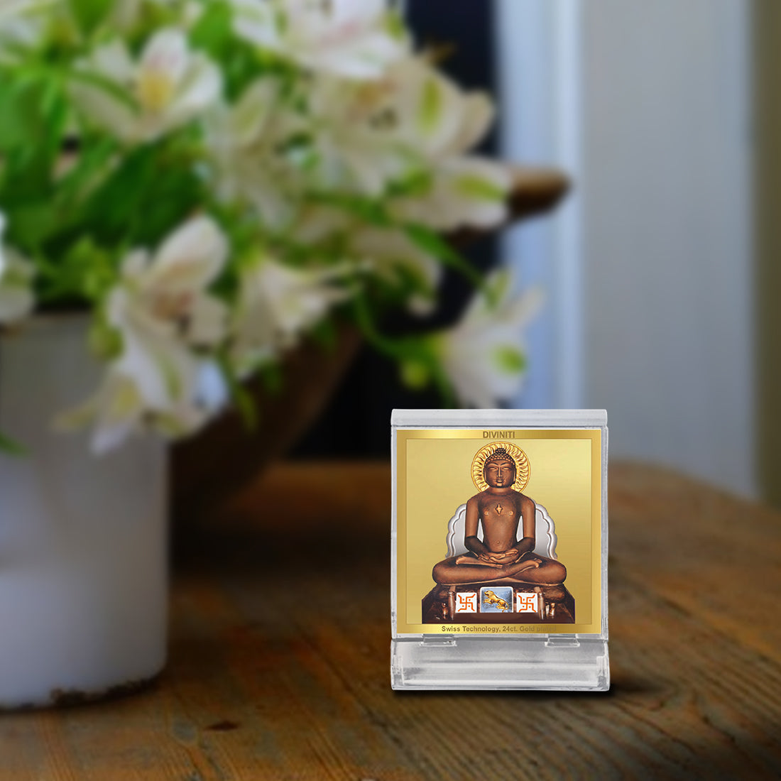 Diviniti 24K Gold Plated Mahavir Frame For Car Dashboard, Home Decor Showpiece & Festival Gift (5.8 x 4.8 CM)