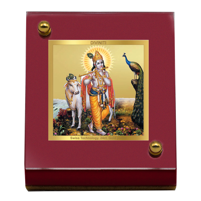 Diviniti 24K Gold Plated Krishna Ji Frame For Car Dashboard, Home Decor, Housewarming Gift (5.5 x 6.5 CM)