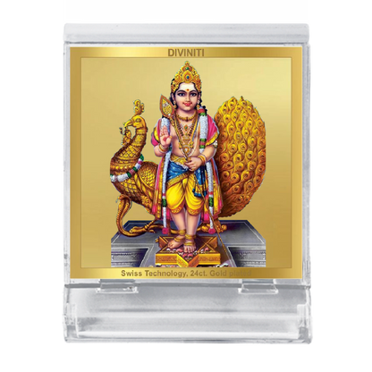 Diviniti 24K Gold Plated Karthikey Frame For Car Dashboard, Home Decor, Puja, Gift (5.8 x 4.8 CM)
