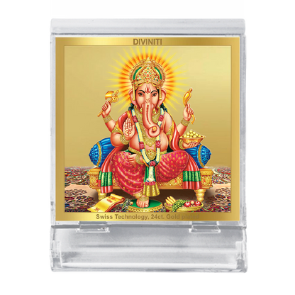 Diviniti 24K Gold Plated Ganesha Frame For Car Dashboard, Home Decor, Table Top, Puja, Festival Gift (5.8 x 4.8 CM)