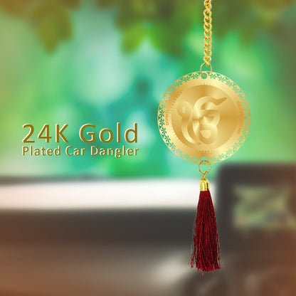 Diviniti 24K Gold Plated Double Sided Khanda Sahib & Ek Omkar Car Dangler| 6 CM Khanda Sahib Hanging Car Decor| Luxurious Dangler For Car| Divine Car Accessories For Positive Energy & Protection