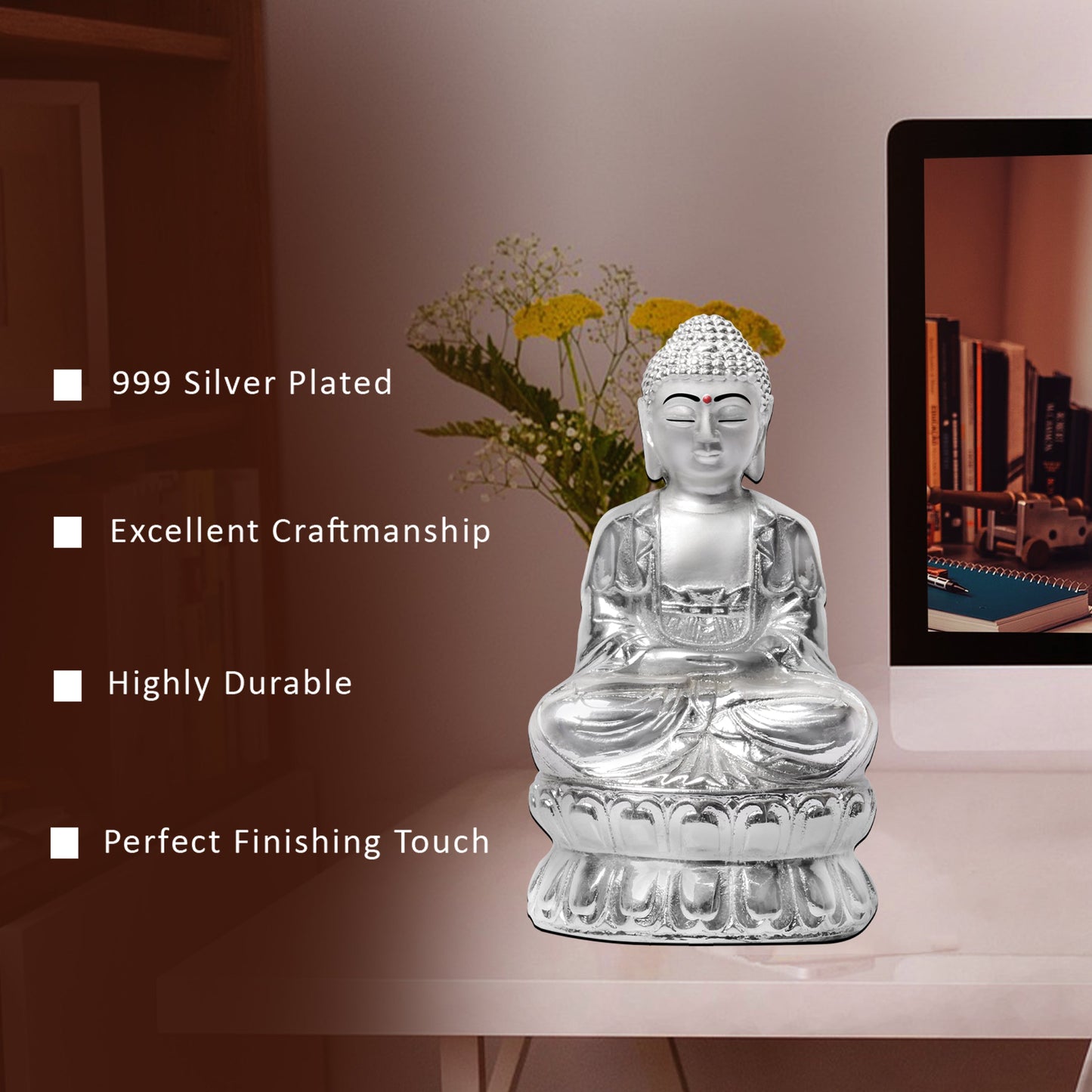 Diviniti 999 Silver Plated Buddha Idol for Home Decor Showpiece (14 X 7.5 CM)