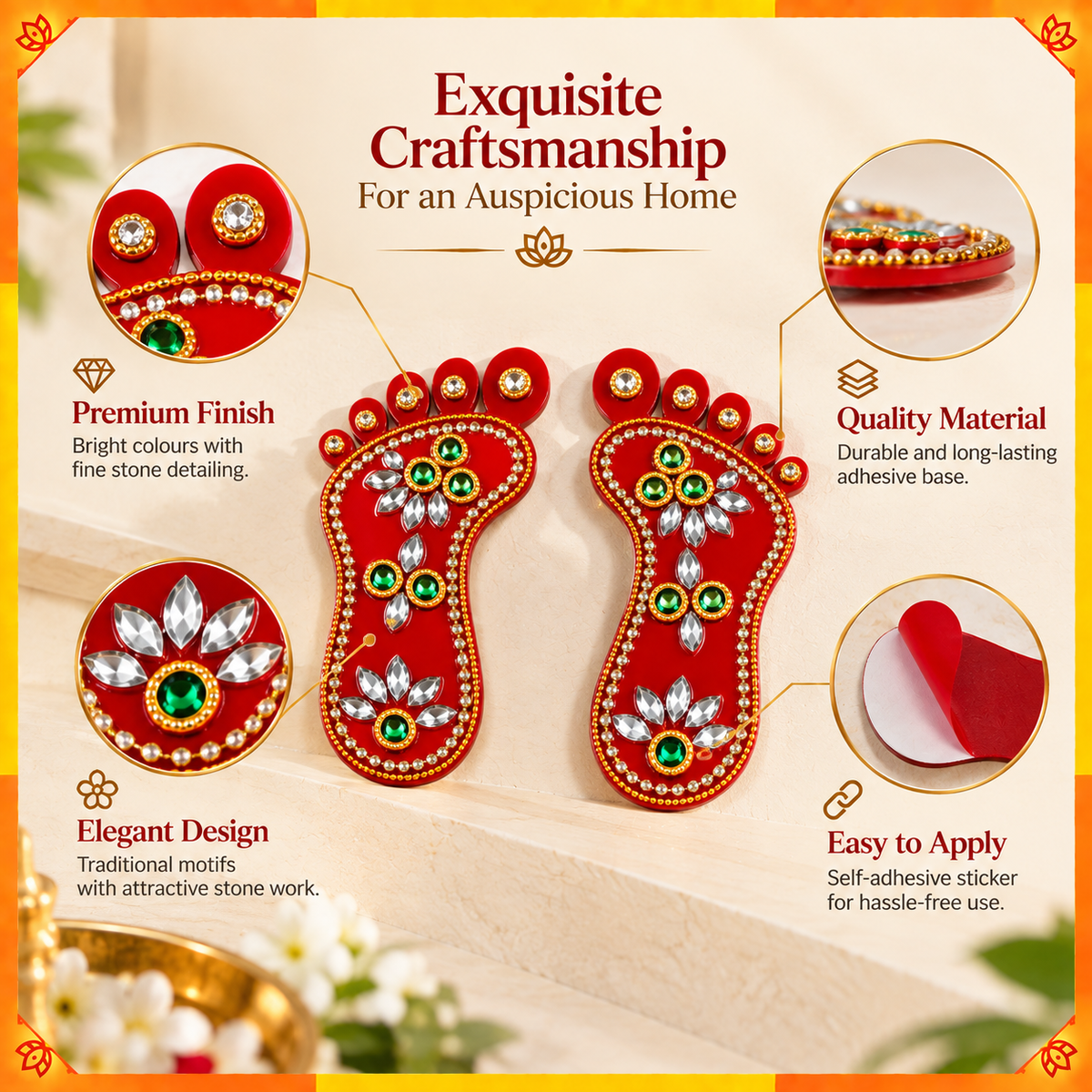 Decorative Lakshmi Charan Pair with Floral Design | Auspicious Home Entrance & Puja Room Décor