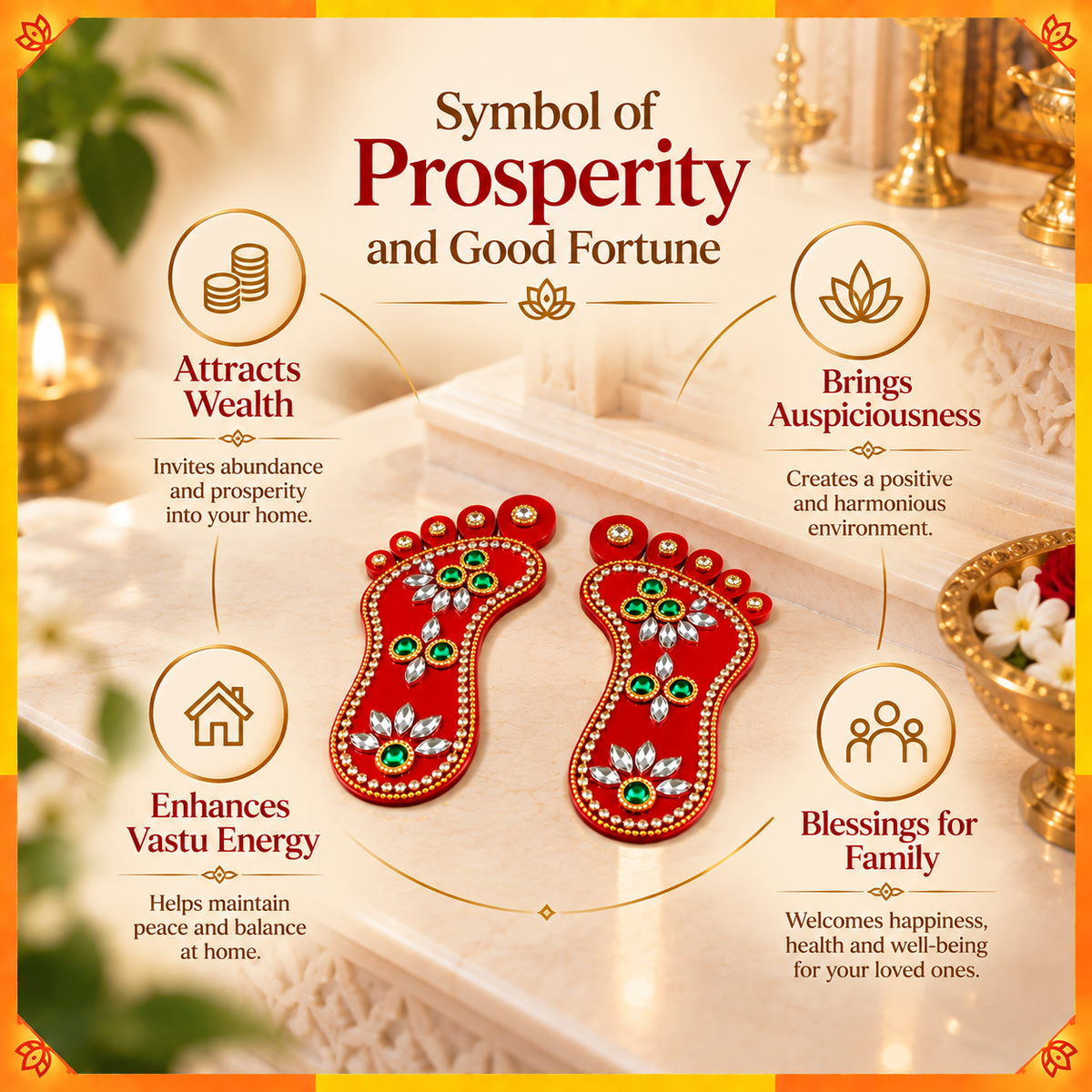 Decorative Lakshmi Charan Pair with Floral Design | Auspicious Home Entrance & Puja Room Décor
