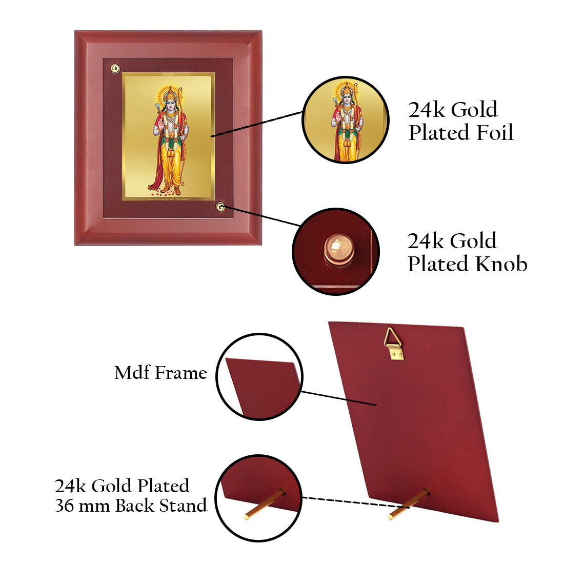 Diviniti 24K Gold Plated Lord Ram Photo Frame For Home Decor Showpiece, Table Decor, Wall Hanging Decor & Gift (16 CM X 20 CM)