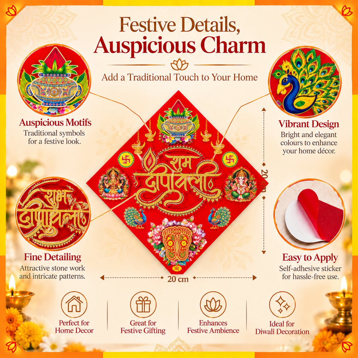 Shubh Deepawali Charan Decorative Sticker | Lakshmi Charan Diwali Door & Entrance Décor