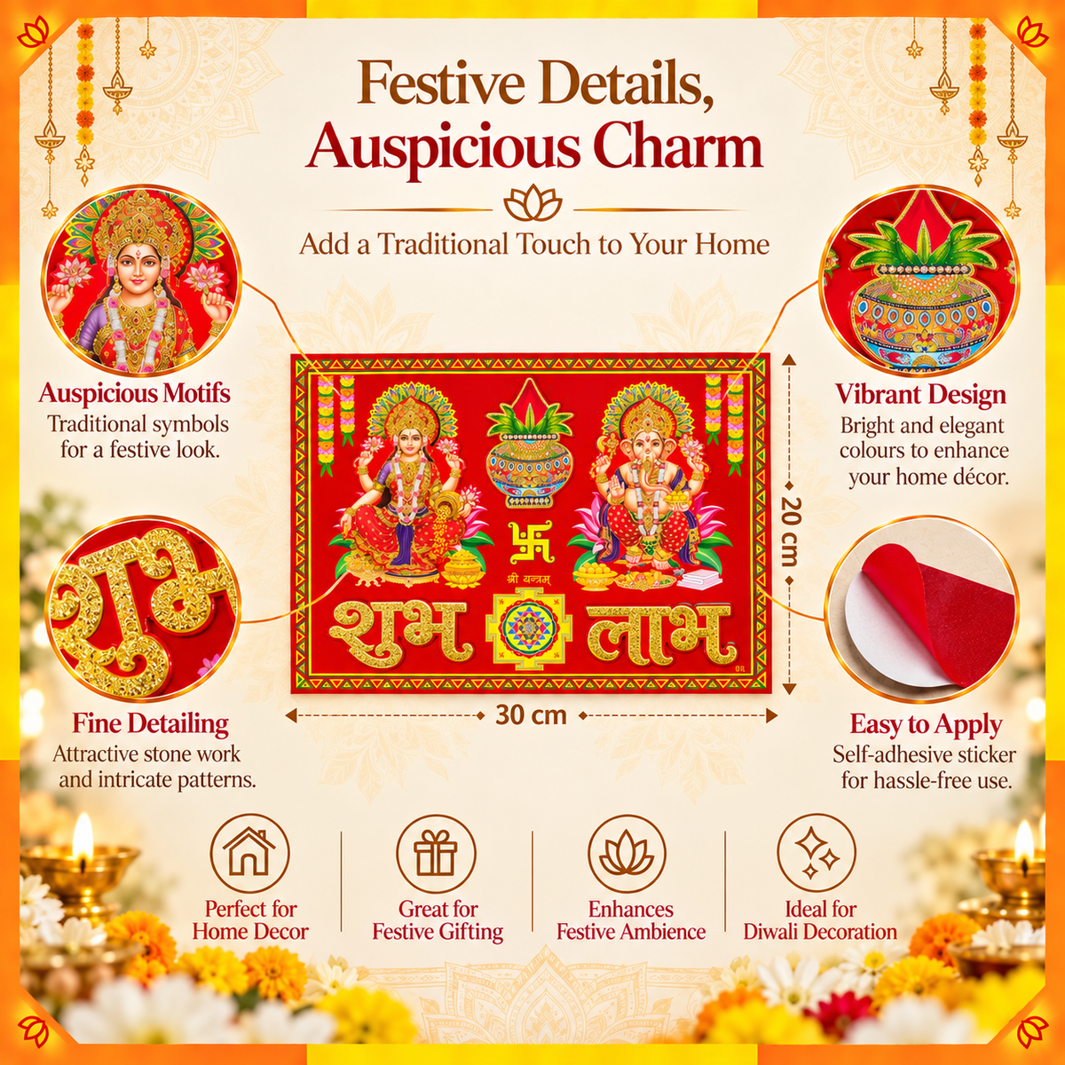 Lakshmi Ganesha Shubh Labh Decorative Sticker | Diwali Home Entrance & Puja Room Décor